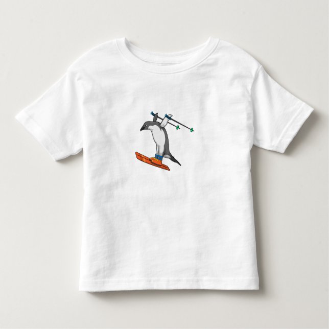 Camiseta Infantil Pinguim como saltador de esqui com Esqui (Frente)