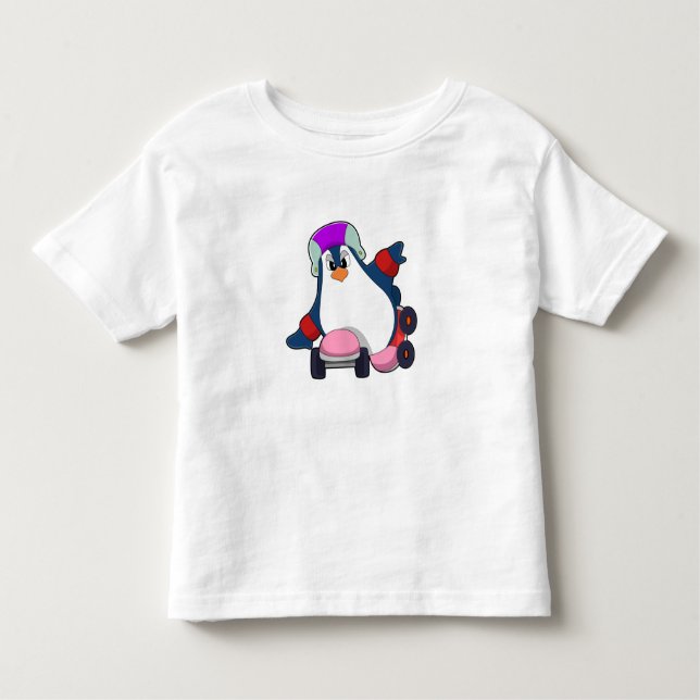 Camiseta Infantil Pinguim como skater em linha com Skates em linha (Frente)