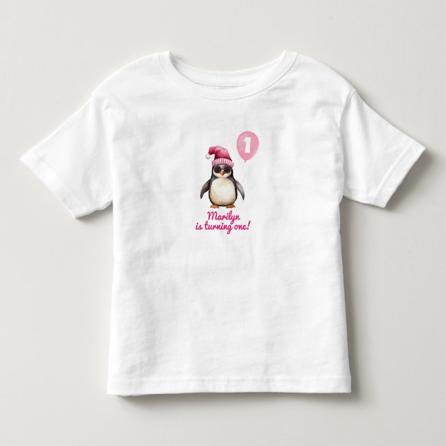 Camiseta Infantil Pinguim de Inverno Rosa Legal (Frente)