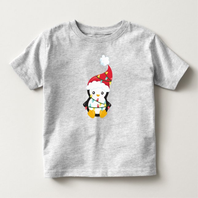 Camiseta Infantil Pinguim de Natal, Chapéu Santa, Luzes de Natal (Frente)