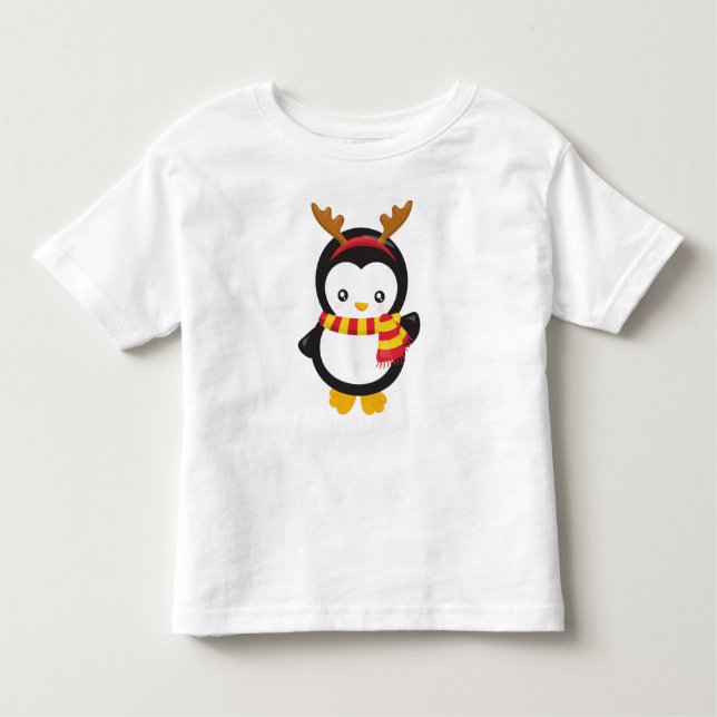 Camiseta Infantil Pinguim De Natal, Pinguim Com Scarf, Antlers (Frente)