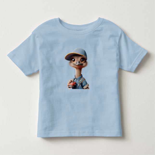 Camiseta Infantil Pintinho de avestruz em Boné com carro vermelho (Frente)