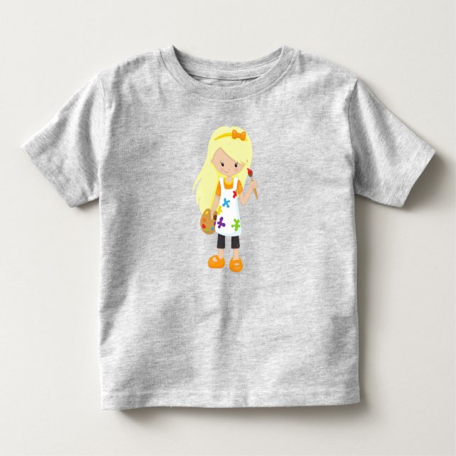 Camiseta Infantil Pintor, Pintura Artista, Garota Bonita, Cabelo Loi (Frente)