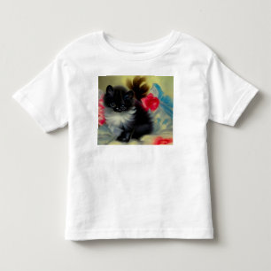 Camiseta Infantil Pintura de Gatinho Preto e Branco Vintage