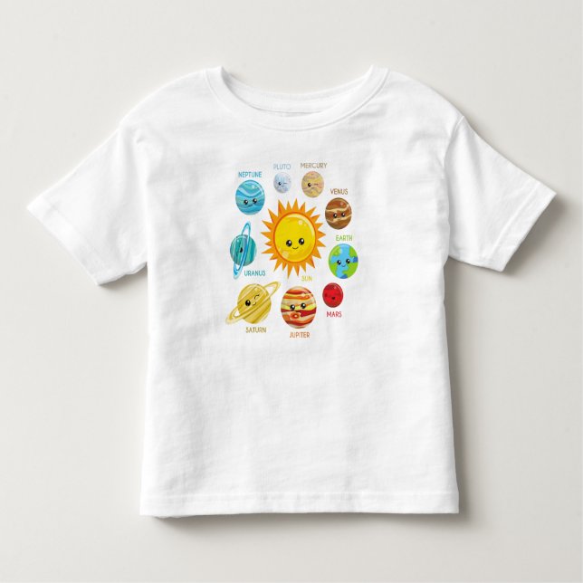 Camiseta Infantil Planetas Cutos, Sistema Solar, Espaço, Cosmos, Gal (Frente)