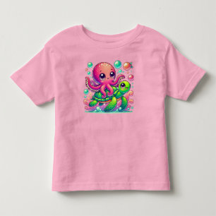 Camiseta Infantil Polvo e Tartaruga de Desenho Animado Colorido