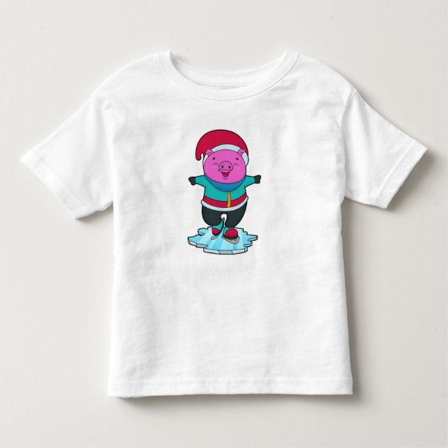 Camiseta Infantil Porco na patinação de gelo com skates de gelo e ch (Frente)