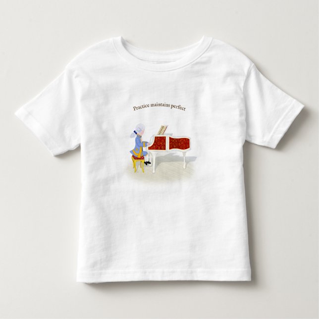Camiseta Infantil "Prática Mantém Perfeito" Mozart Tocando Piano (Frente)