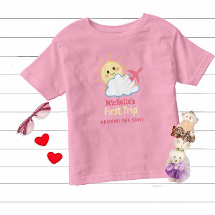 Camiseta Infantil Primeira Garota Rosa Avião Amarelo Cloud Sun