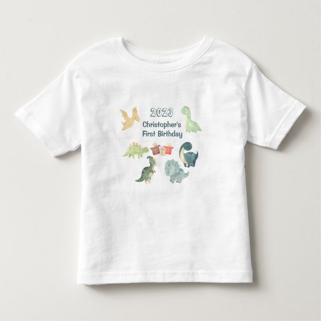 Camiseta Infantil Primeiro Aniversário Aquarela de Dinossauro Fofo (Frente)