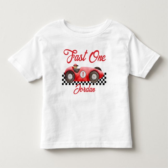 Camiseta Infantil Primeiro Aniversário - Carro Vermelho Rápido Um (Frente)