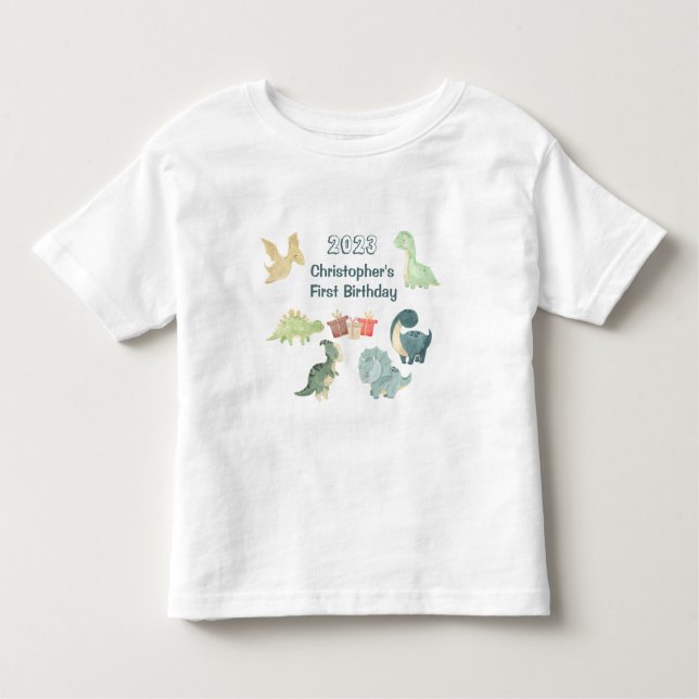Camiseta Infantil Primeiro Aniversário do Bebê Dinossauro Fofo Aquar (Frente)