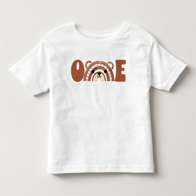 Camiseta Infantil Primeiro Aniversário do Urso Florestal Boho Rainbo (Frente)