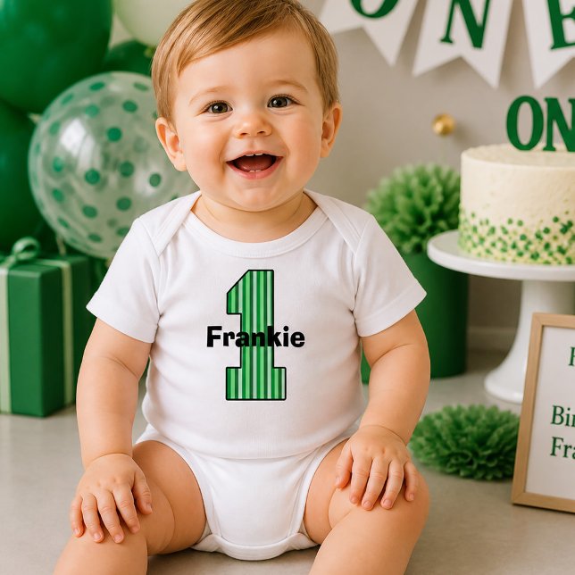 Camiseta Infantil Primeiro Aniversário Listras Verdes (Green Striped First Birthday Toddler T-shirt )
