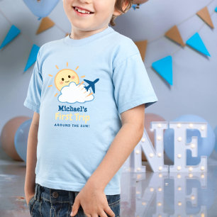 Camiseta Infantil Primeiro Aniversário, Rapaz Whimsical Airplane Sun