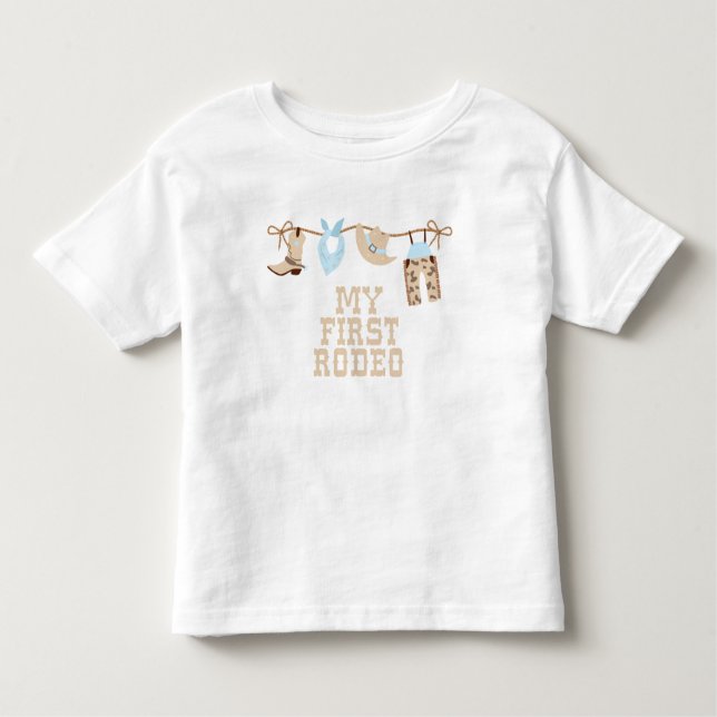 Camiseta Infantil Primeiro Rodeio Bebê azul e bege Aniversário  (Frente)
