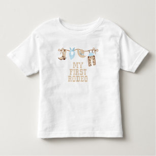 Camiseta Infantil Primeiro Rodeo Bebê Azul e Bronco Aniversário