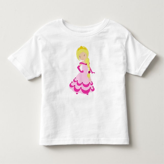 Camiseta Infantil Princesa Bonita, Cabelo Louro, Coroa, Vestido Rosa (Frente)