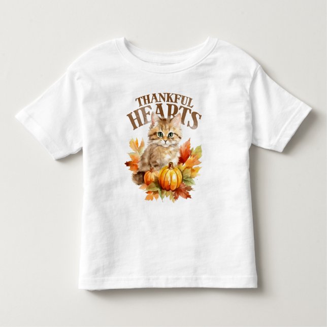 Camiseta Infantil pumpkins, autumn leaves and a cute kitten (Frente)