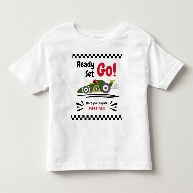 Camiseta Infantil Qualquer Idade Aniversário Pronto Vai Verde Carro  (Frente)
