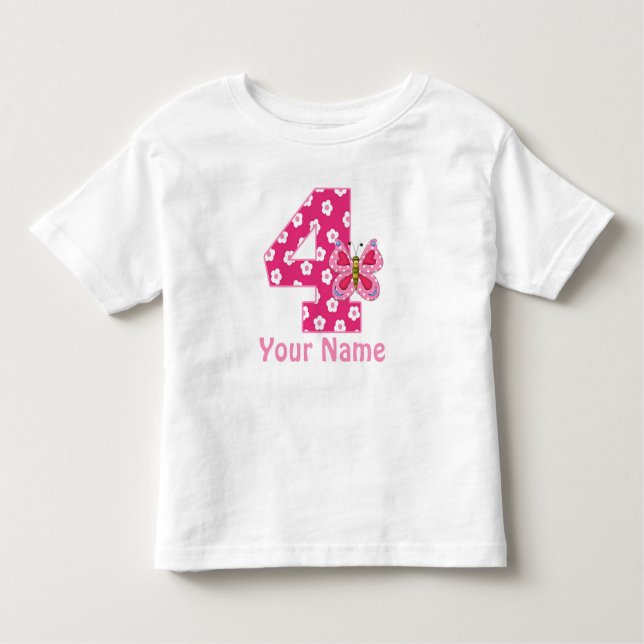 Camiseta Infantil Quarto Aniversário Borboleta Meninas Personalizada (Frente)