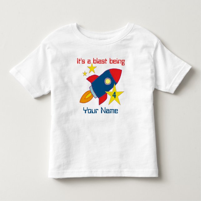 Camiseta Infantil Quarto Aniversário Roket Navio Personalizado T-shi (Frente)