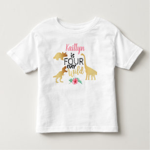Camiseta Infantil Quatro Raparigas Dinossauras Selvagens 4º Aniversá