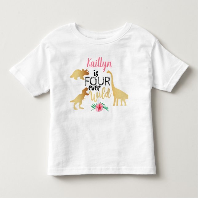 Camiseta Infantil Quatro Raparigas Dinossauras Selvagens 4º Aniversá (Frente)