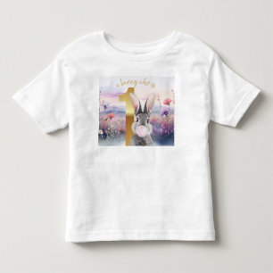 Camiseta Infantil Rabbit 1º aniversário soprando goma-rosa