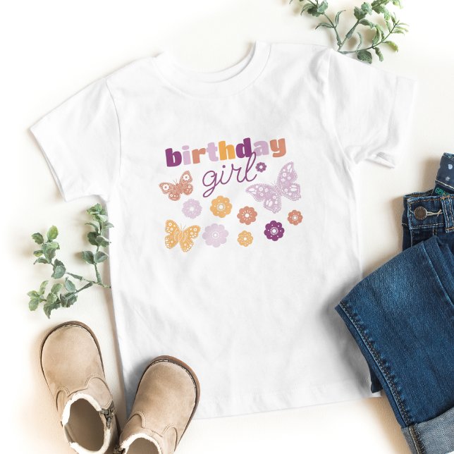 Camiseta Infantil Rapariga de Aniversário da Borboleta Retro (Butterfly "Birthday Girl" shirt.)