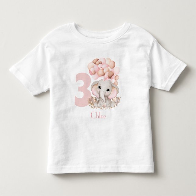 Camiseta Infantil Rapariga de Aniversário, Elefante Bonito, Rosa Per (Frente)