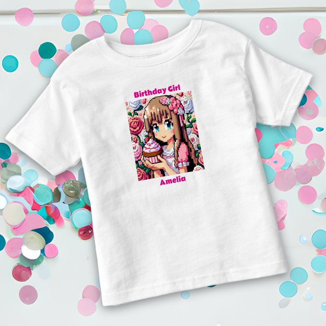 Camiseta Infantil Rapariga de aniversário rosa da Pixel Art Personal (Criador carregado)