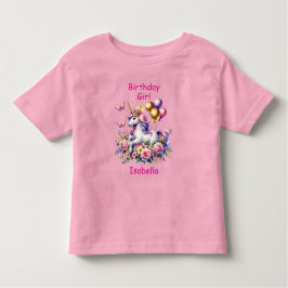 Camiseta Infantil Rapariga de aniversário rosa, roxa e Dourada Unicó