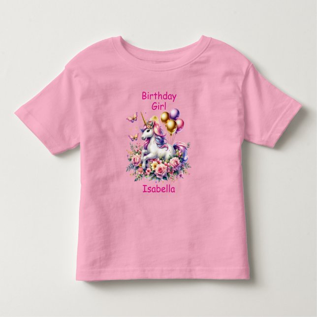 Camiseta Infantil Rapariga de aniversário rosa, roxa e Dourada Unicó (Frente)