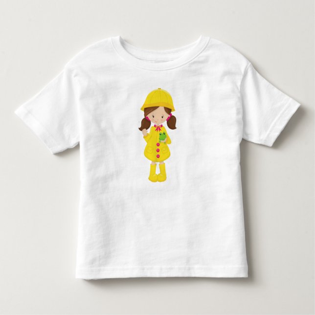 Camiseta Infantil Rapariga No Casaco De Chuva, Botas, Cabelo Marrom, (Frente)