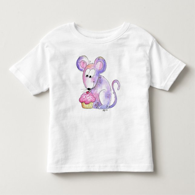 Camiseta Infantil Rato branco bonito com Cupcake (Frente)