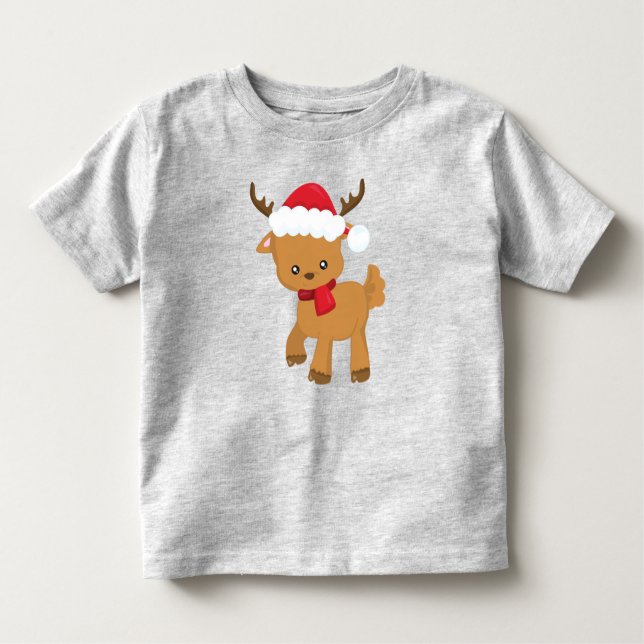 Camiseta Infantil Reindeer de Natal, Reindeer Bonito, Santa Hat (Frente)