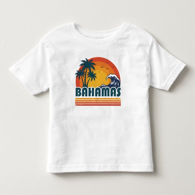 Camiseta Infantil Retro Bahamas Beach Summer Sunset 70s Palm Tree (Frente)