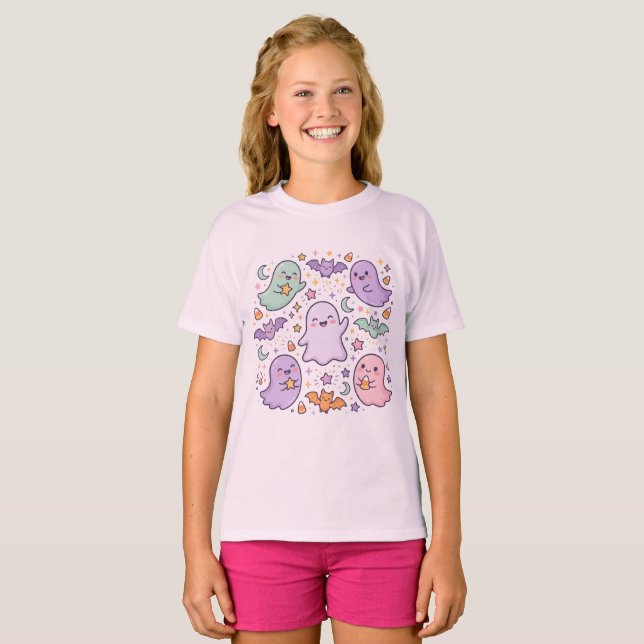 Camiseta infantil retrô de Halloween , Rosa Assust (Frente Completa)