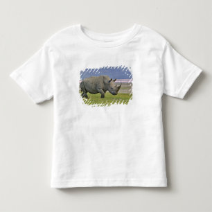 Camiseta Infantil Rinoceronte branco e flamingos menores distantes,