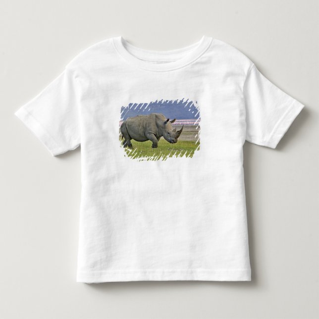 Camiseta Infantil Rinoceronte branco e flamingos menores distantes, (Frente)
