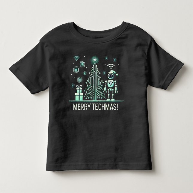 Camiseta Infantil Robô AI com Árvore de Natal Tech - Techmas de Feli (Frente)