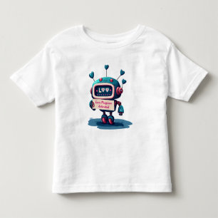 Camiseta Infantil Robô bonito com Namorados de corações azuis Texto,