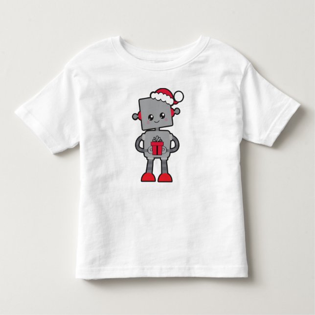 Camiseta Infantil Robô de Natal, Robô Bonito, Chapéu Santa, presente (Frente)