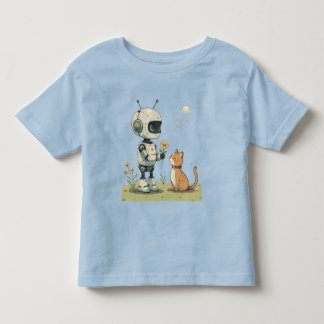 Camiseta Infantil Robô Fofo Dá Flor ao Gato Arte Infantil Saudável