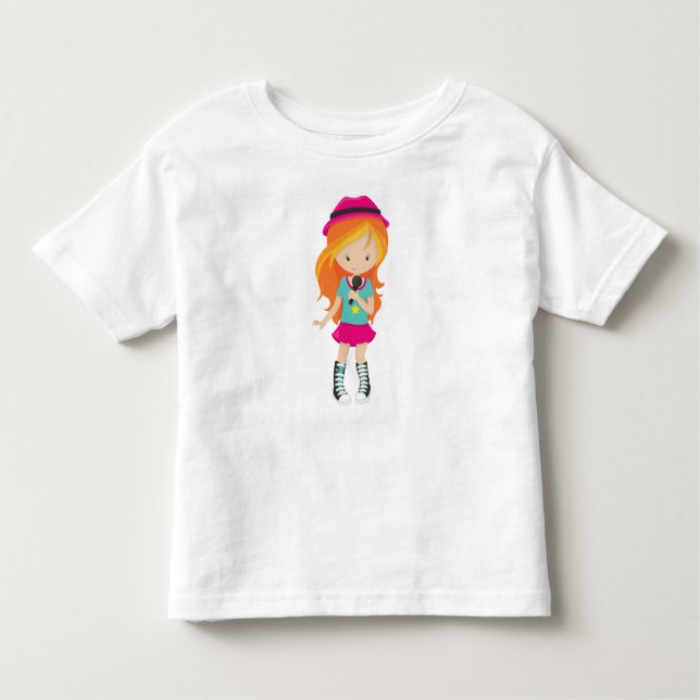 Camiseta Infantil Rock Girl, Cabelo Laranja, Cantora Banda, Microfon (Frente)