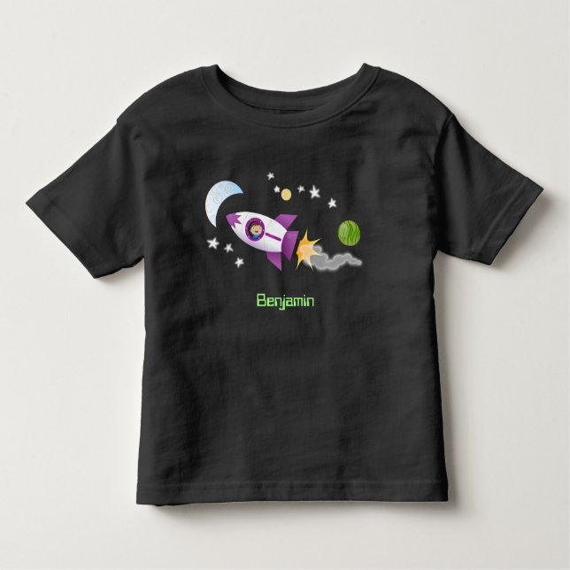 Camiseta Infantil Rockets em ilustração de desenhos animados espacia (Frente)