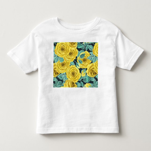 Camiseta Infantil Rosas de aquarela amarela com folhas e botões (Frente)