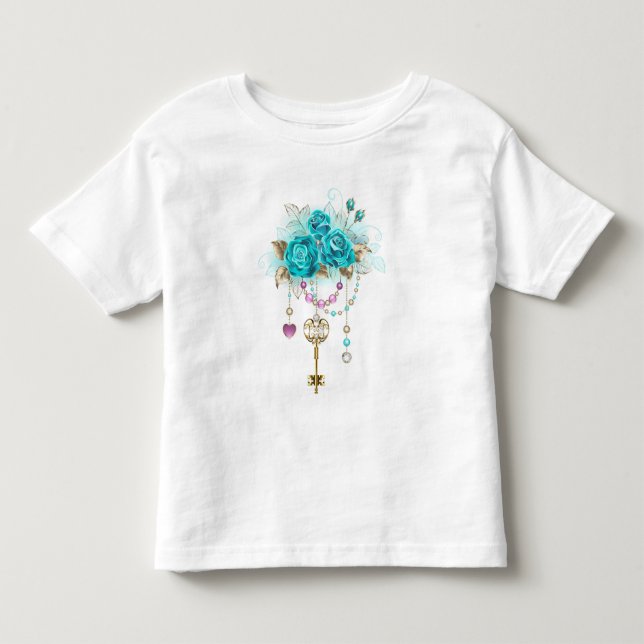 Camiseta Infantil Rosas Turquesas com Chaves (Frente)
