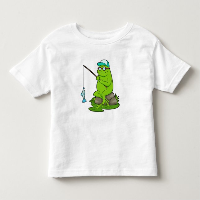 Camiseta Infantil Sapo como pescador com cana de pesca e peixe (Frente)